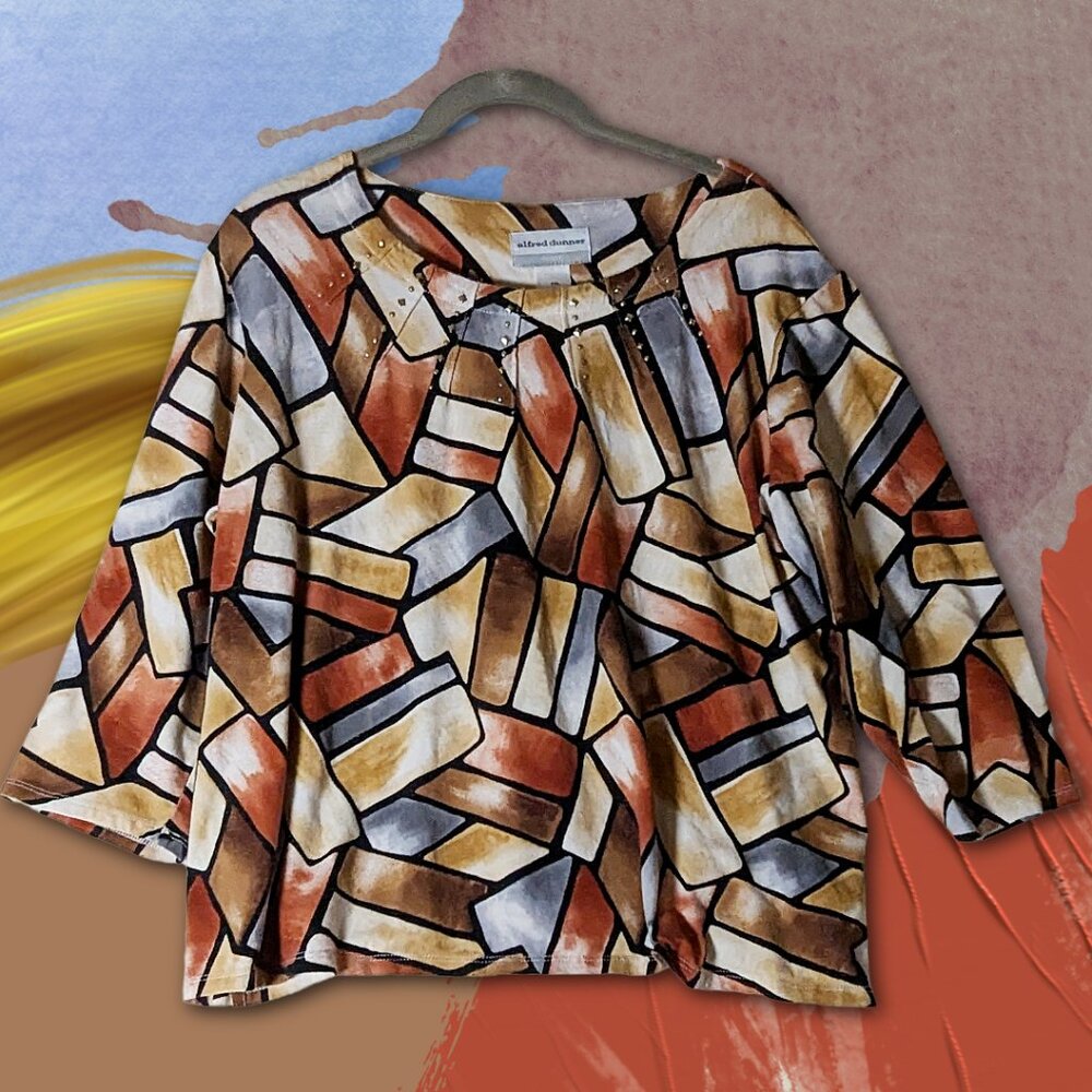 Alfred Dunner PXL Geometric Block Print Blouse | 3/4 Sleeve Studded Top